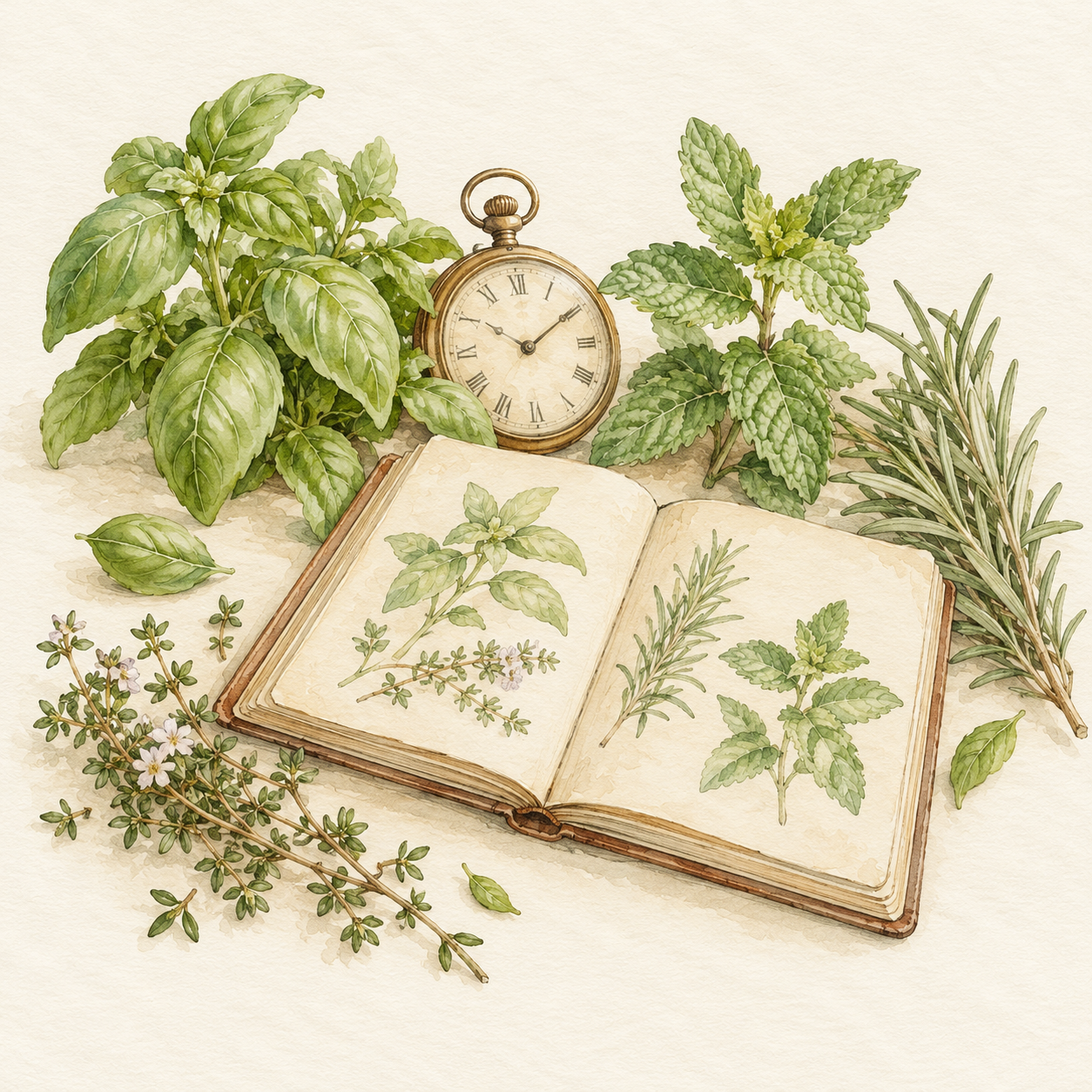 Acuarela de un cuaderno botánico, un reloj y hierbas aromáticas