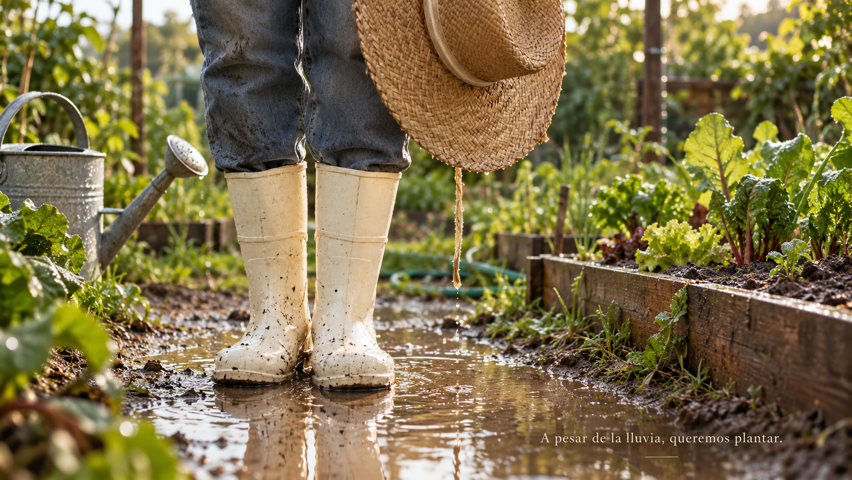 Botas de lluvia blancas en una huerta encharcada, con sombrero de paja y la frase A pesar de la lluvia, queremos plantar