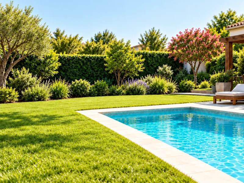 Garden with lawn, trees and a swimming pool in the sun